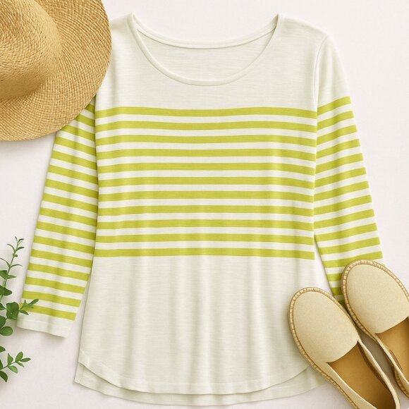 Joie Chartreuse White Stripe Cotton Pullover Top 3/4 Sleeve Size L - Picture 9 of 9